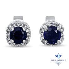 Load image into Gallery viewer, 0.77ctw Round Blue Sapphire Earrings with diamond halo in 18K White Gold
