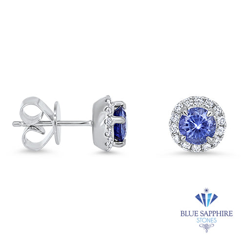 1.32ctw Round Blue Sapphire Earrings with diamond halo in 18K White Gold