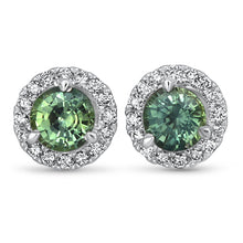 Load image into Gallery viewer, 1.25ctw Round Green Sapphire Earrings with diamond halo in 18K White Gold
