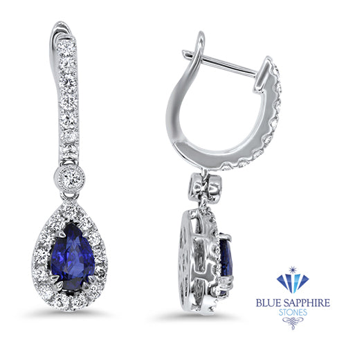 1.38ctw Round Blue Sapphire Earrings with diamond halo in 18K White Gold
