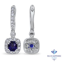 Load image into Gallery viewer, 1.73ctw Round Blue Sapphire Earrings with diamond halo in 18K White Gold

