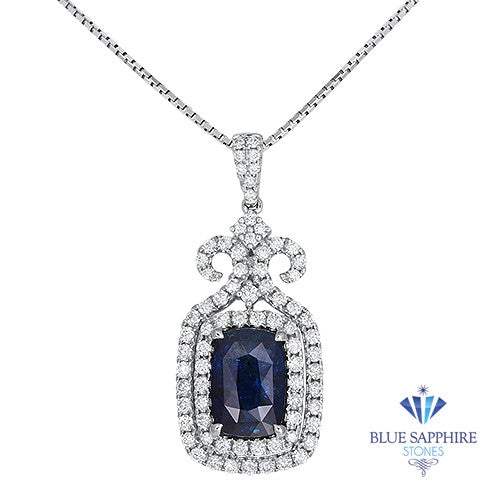 5.85ct Cushion Blue Sapphire Pendant with Double Diamond Halo in 18K White Gold