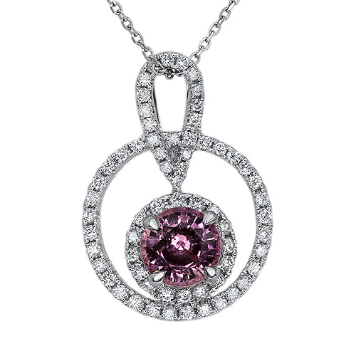0.82ct Round Pink Sapphire Pendant with Double Diamond Halo in 18K White Gold