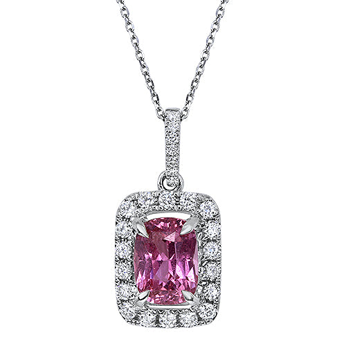 1.53ct Cushion Pink Sapphire Pendant with Diamond Halo in 18K White Gold