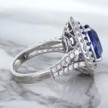 Load image into Gallery viewer, 6.08ct Pear Shaped Blue Sapphire Ring with Sapphire and Diamond halo in 18K White Gold
