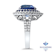 Load image into Gallery viewer, 6.08ct Pear Shaped Blue Sapphire with sapphire and diamond halo in 18K White Gold
