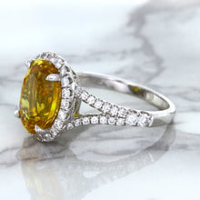 Load image into Gallery viewer, 3.64ct Oval Yellow Sapphire Ring with Diamond Halo in 18K White Gold
