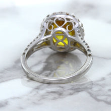 Load image into Gallery viewer, 3.64ct Oval Yellow Sapphire Ring with Diamond Halo in 18K White Gold
