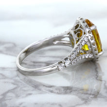 Load image into Gallery viewer, 3.64ct Oval Yellow Sapphire Ring with Diamond Halo in 18K White Gold
