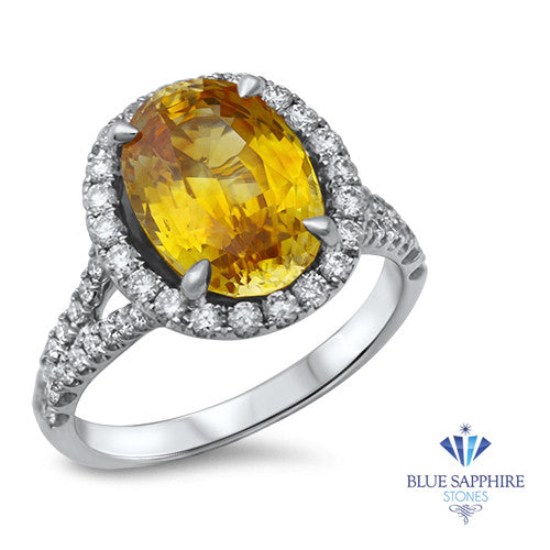 3.64ct Oval Yellow Sapphire Ring with Diamond Halo in 18K White Gold