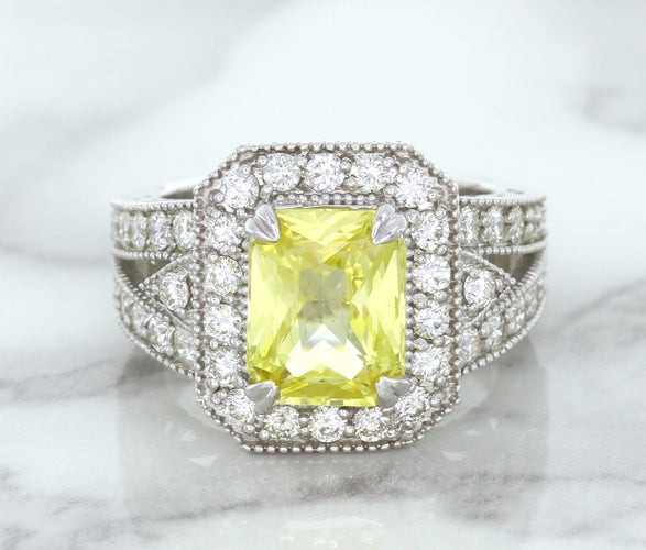 3.64ct Radiant Yellow Sapphire Ring with Diamond Halo in 18K White Gold