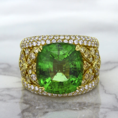 10.07ct Cushion Tourmaline Ring with Diamond Accents in 18K Yellow Gold