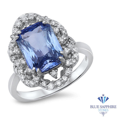 4.37ct Radiant Blue Sapphire Ring with Diamond Halo in Platinum