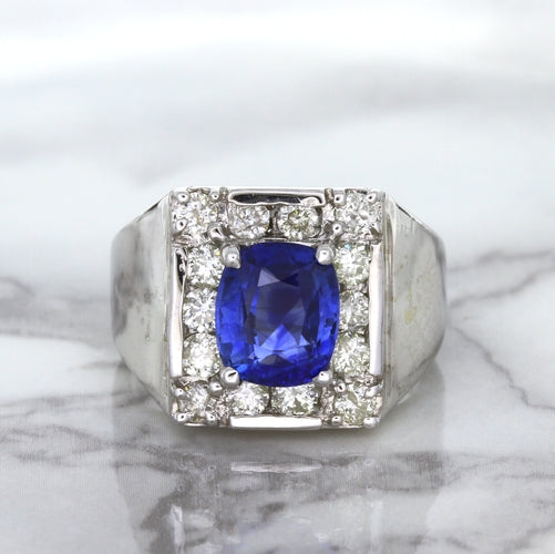 2.82ct Cushion Blue Sapphire Ring with Diamond Halo in 14K White Gold