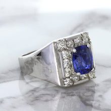 Load image into Gallery viewer, 2.82ct Cushion Blue Sapphire Ring with Diamond Halo in 14K White Gold
