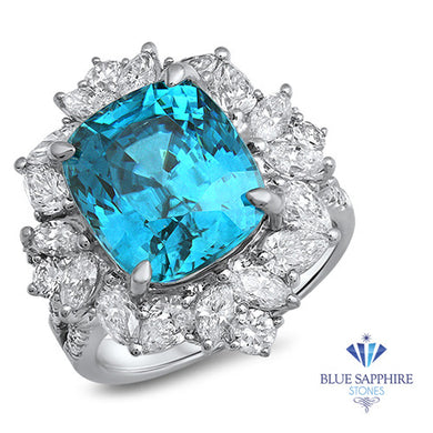 12.75ct Cushion Blue Zircon Ring with Diamond Halo in 18K White Gold