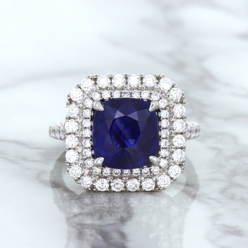 4.35ct Cushion Blue Sapphire Ring with Double Diamond Halo in 18K White Gold
