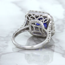 Load image into Gallery viewer, 4.35ct Cushion Blue Sapphire Ring with Double Diamond Halo in 18K White Gold
