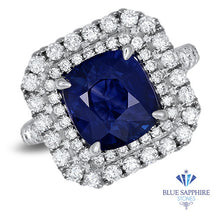 Load image into Gallery viewer, 4.35ct Cushion Blue Sapphire Ring with Double Diamond Halo in 18K White Gold
