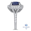 4.35ct Cushion Blue Sapphire Ring with Double Diamond Halo in 18K White Gold