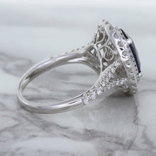 Load image into Gallery viewer, 3.75ct Oval Blue Sapphire Ring with Diamond Halo in 18K White Gold
