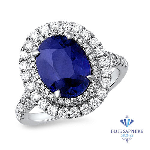 3.75ct Oval Blue Sapphire Ring with Diamond Halo in 18K White Gold