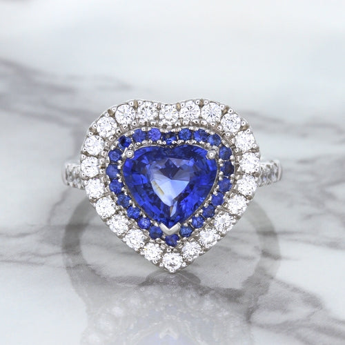 2.07ct Heart Shape Blue Sapphire Ring with Sapphire and Diamond Halo in 18K White Gold