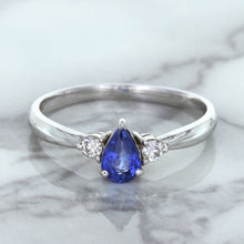 Load image into Gallery viewer, 0.59ct Pear Blue Sapphire Ring with diamond accents in 14K White Gold

