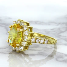 Load image into Gallery viewer, 4.04ct Oval Yellow Sapphire Ring with Diamond Halo in 14K Yellow Gold
