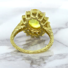 Load image into Gallery viewer, 4.04ct Oval Yellow Sapphire Ring with Diamond Halo in 14K Yellow Gold
