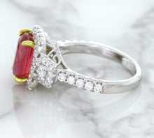 Load image into Gallery viewer, 3.04ct Cushion Ruby Ring with Diamond Halo in 18K White Gold
