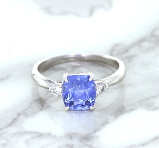 2.33ct Cushion Blue Sapphire Ring with Diamond Accents in 14K White Gold