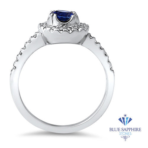 0.91ct Round Blue Sapphire Ring with Diamond Halo in 14K White Gold
