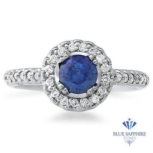 0.91ct Round Blue Sapphire Ring with Diamond Halo in 14K White Gold