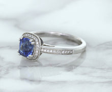 Load image into Gallery viewer, 1.36ct Cushion Blue Sapphire Ring with Diamond Halo in 14K White Gold
