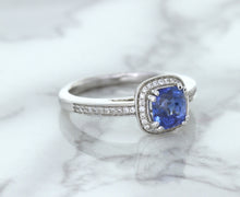 Load image into Gallery viewer, 1.36ct Cushion Blue Sapphire Ring with Diamond Halo in 14K White Gold
