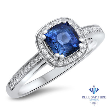1.36ct Cushion Blue Sapphire Ring with Diamond Halo in 14K White Gold