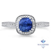 1.36ct Cushion Blue Sapphire Ring with Diamond Halo in 14K White Gold