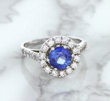 Load image into Gallery viewer, 1.46ct Round Blue Sapphire Ring with Diamond Halo in 14K White Gold
