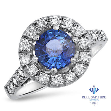 1.46ct Round Blue Sapphire Ring with Diamond Halo in 14K White Gold