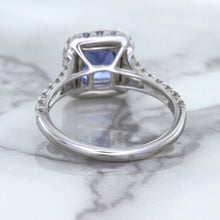 Load image into Gallery viewer, 1.74ct Radiant Blue Sapphire Ring with Diamond Halo in 18K White Gold
