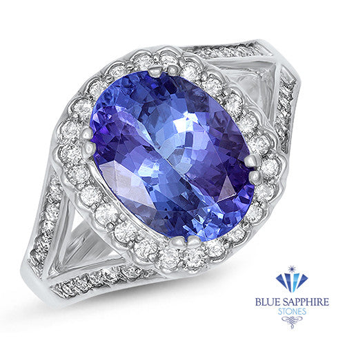 3.37ct Oval Tanzanite Ring with Diamond Halo in 14K White Gold