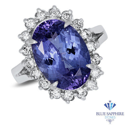 5.45ct Oval Tanzanite Ring with Diamond Halo in 14K White Gold