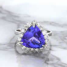 Load image into Gallery viewer, 5.06ct Trillion Tanzanite Ring with Diamond Halo in 14K White Gold
