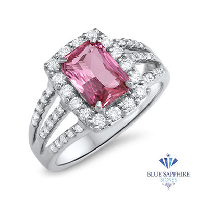2.25ct Emerald Cut Pink Sapphire Ring with Diamond halo in 18K White Gold