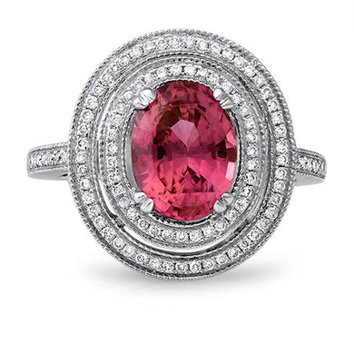 2.90ct Oval Pink Sapphire Ring with Double Diamond Halo in 14K White Gold