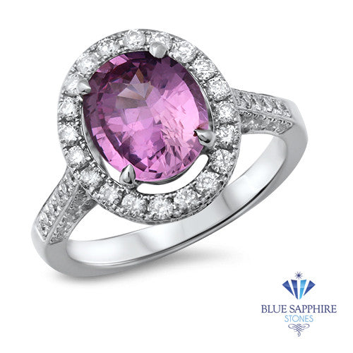 3.09ct Oval Pink Sapphire Ring with Diamond Halo in 14K White Gold