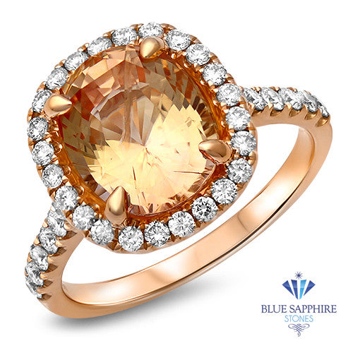 4.61ct Oval Peach Sapphire Ring with Diamond Halo in 18K Rose Gold