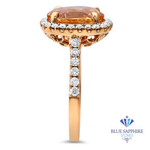 Load image into Gallery viewer, 4.61ct Oval Peach Sapphire Ring with Diamond Halo in 18K Rose Gold
