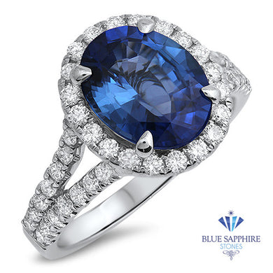 3.55ct Oval Blue Sapphire Ring with Diamond Halo in 18K White Gold